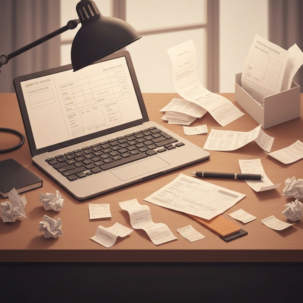 Disorganized receipts across a desk